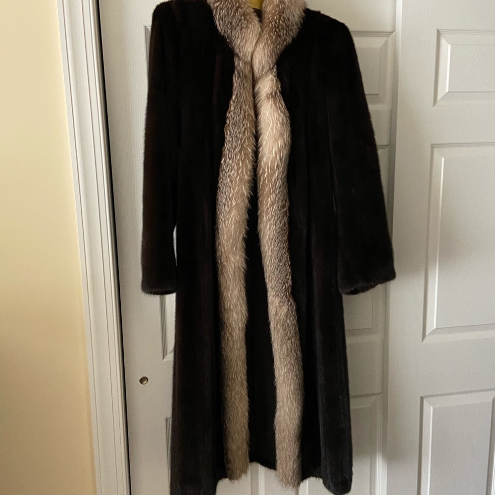 Full length mink fur coat with fox collar